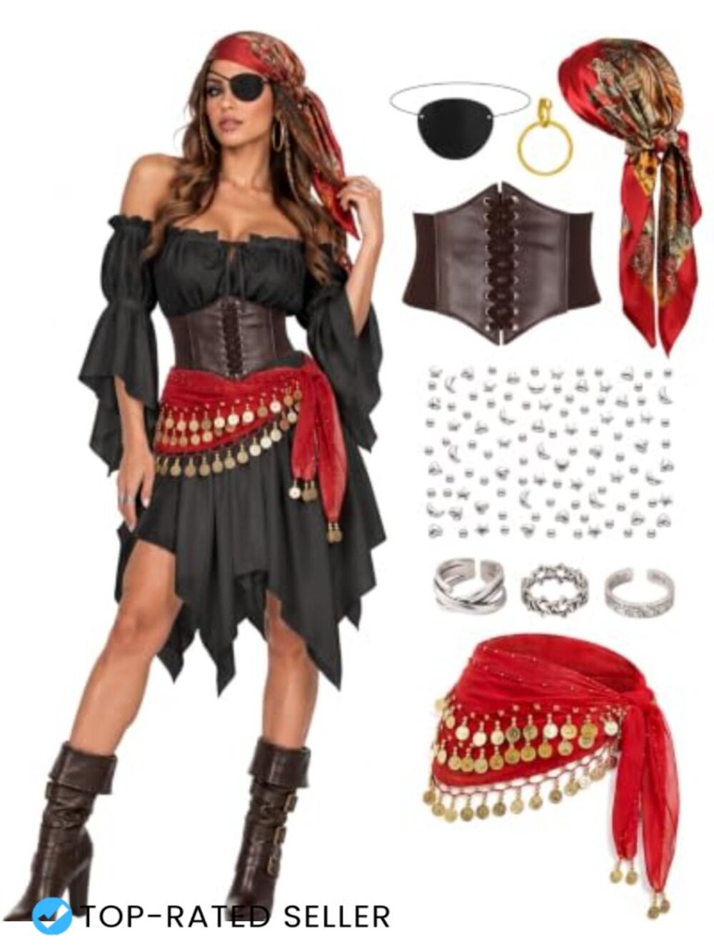 Pirate Costume Set Lace-Up Dress Corset Renaissance Halloween